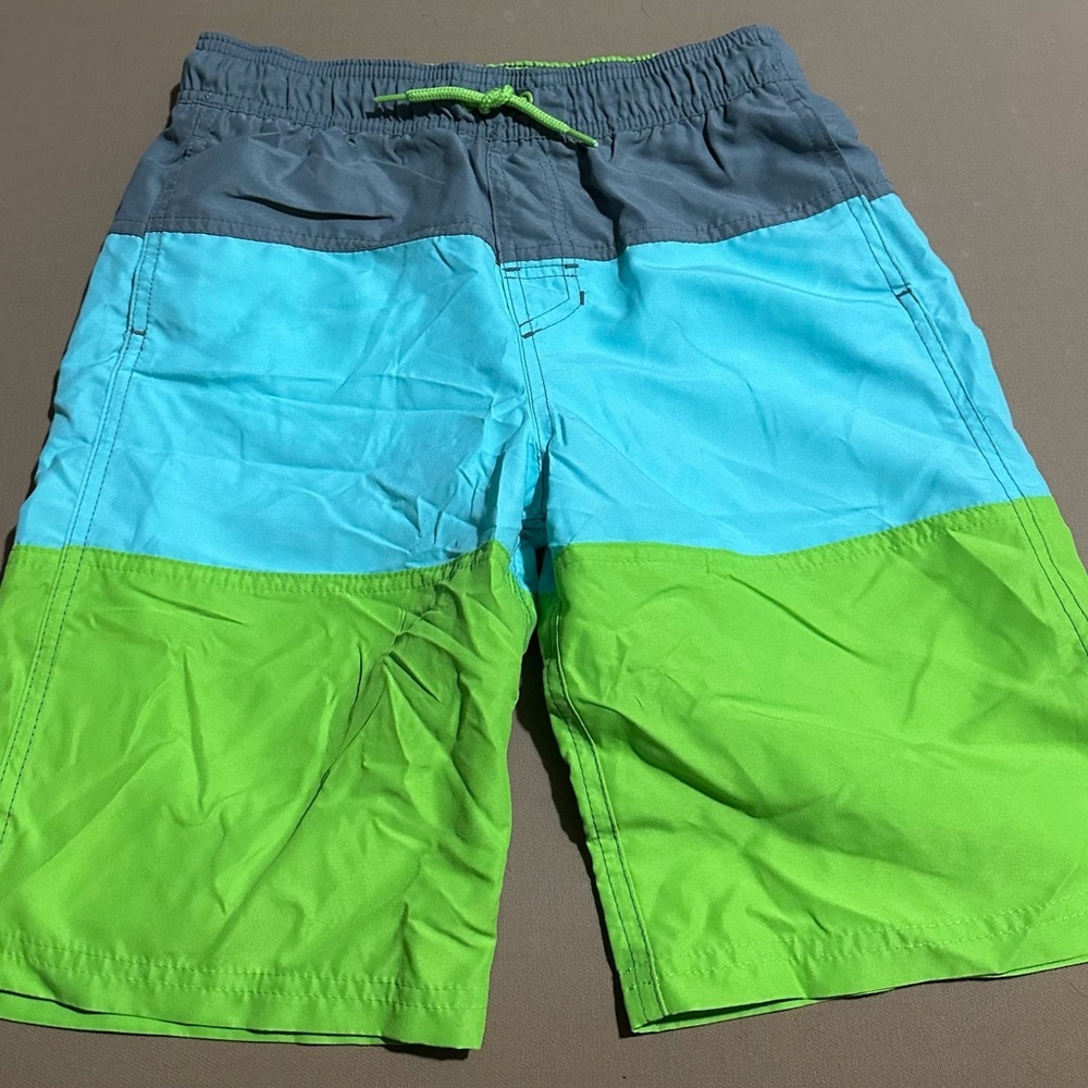 Athletic Blue and Green Colorblock Boy’s Swim Trunks Size L​